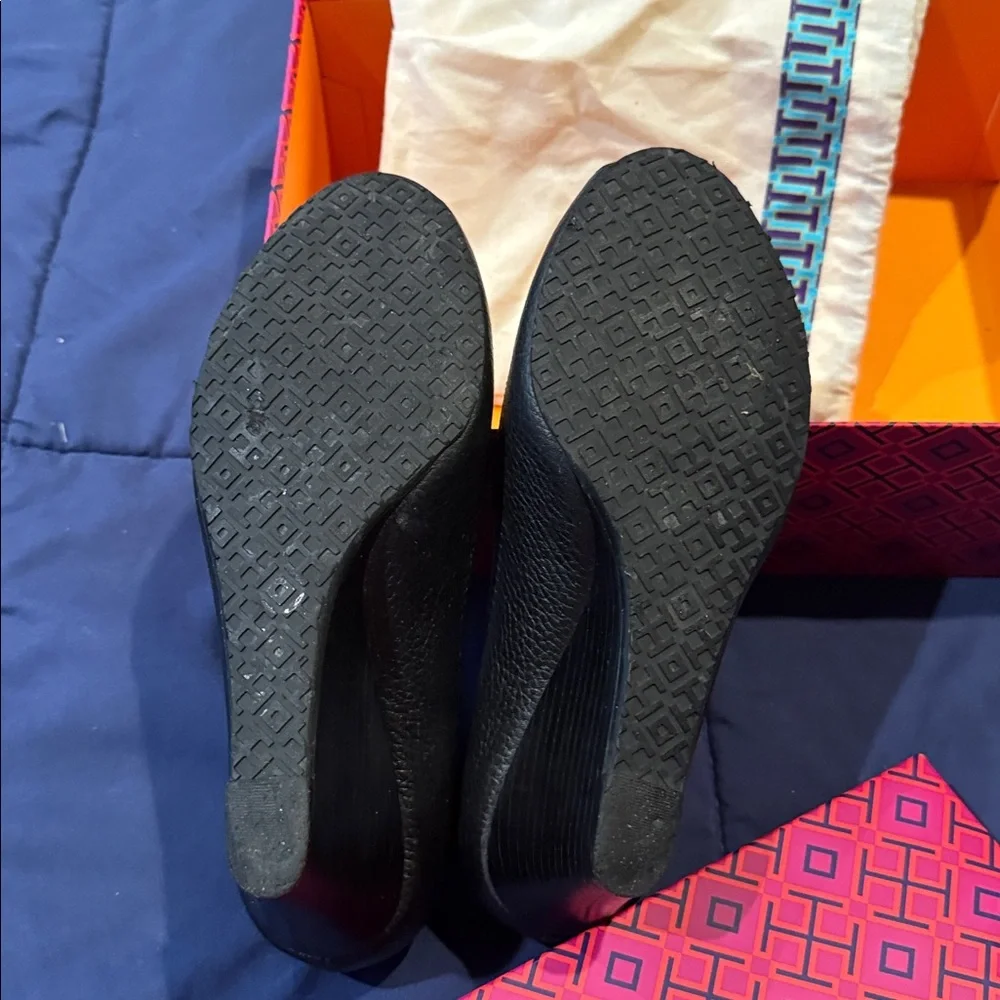 Tory Burch Black Peep Toe wedges, tumbled  leather, good condition, Sally 2